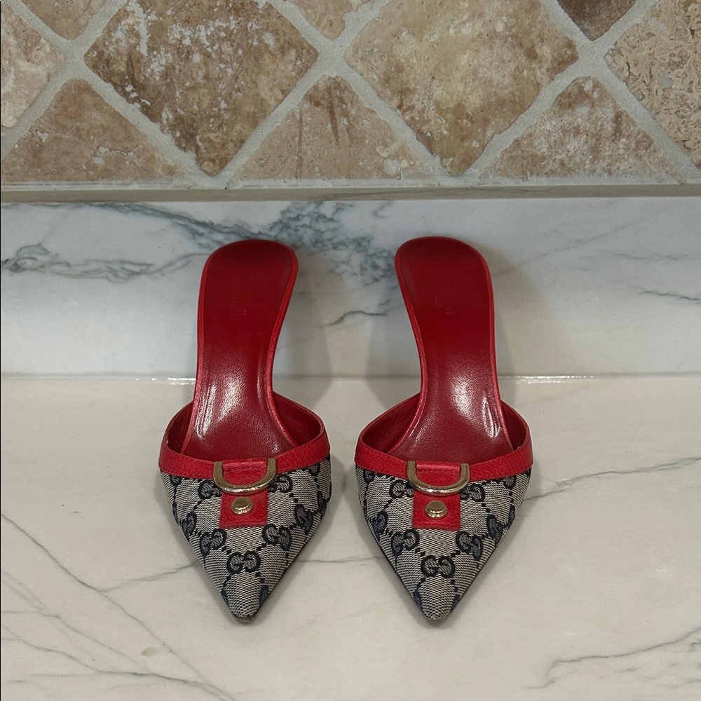 Gucci Red and Beige Signature Mules